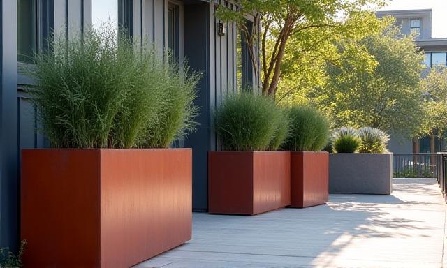 Corten steel planters on a modern terrace