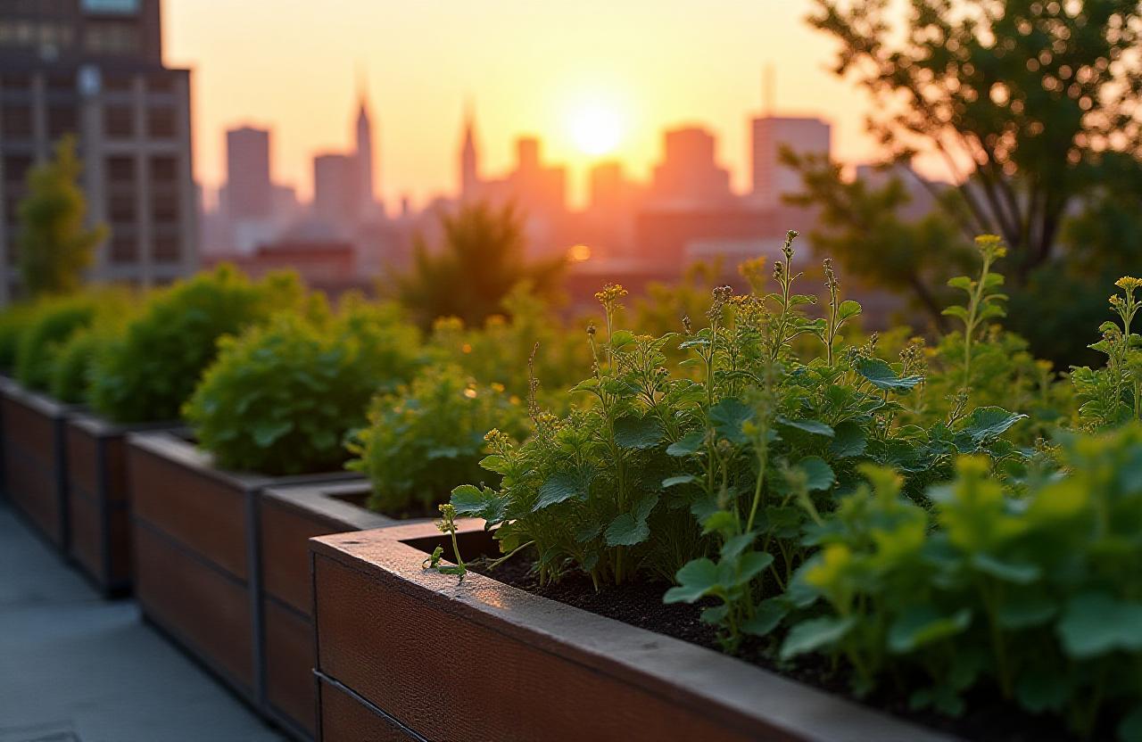 Lush Brooklyn rooftop garden with architectural planters